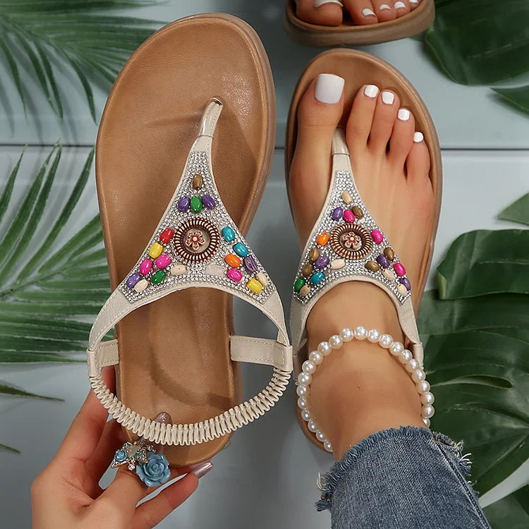 Boho Bunte Perlen Strass Flip Flops Gummiband Sandalen