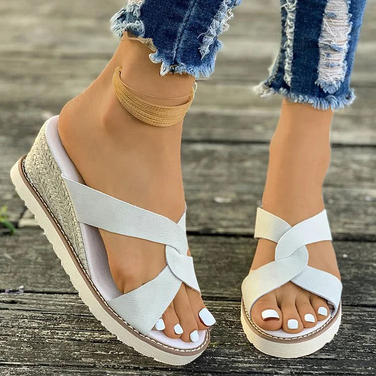 Chinelos de cunha de alpercatas simples Peep Toe com alça cruzada casual