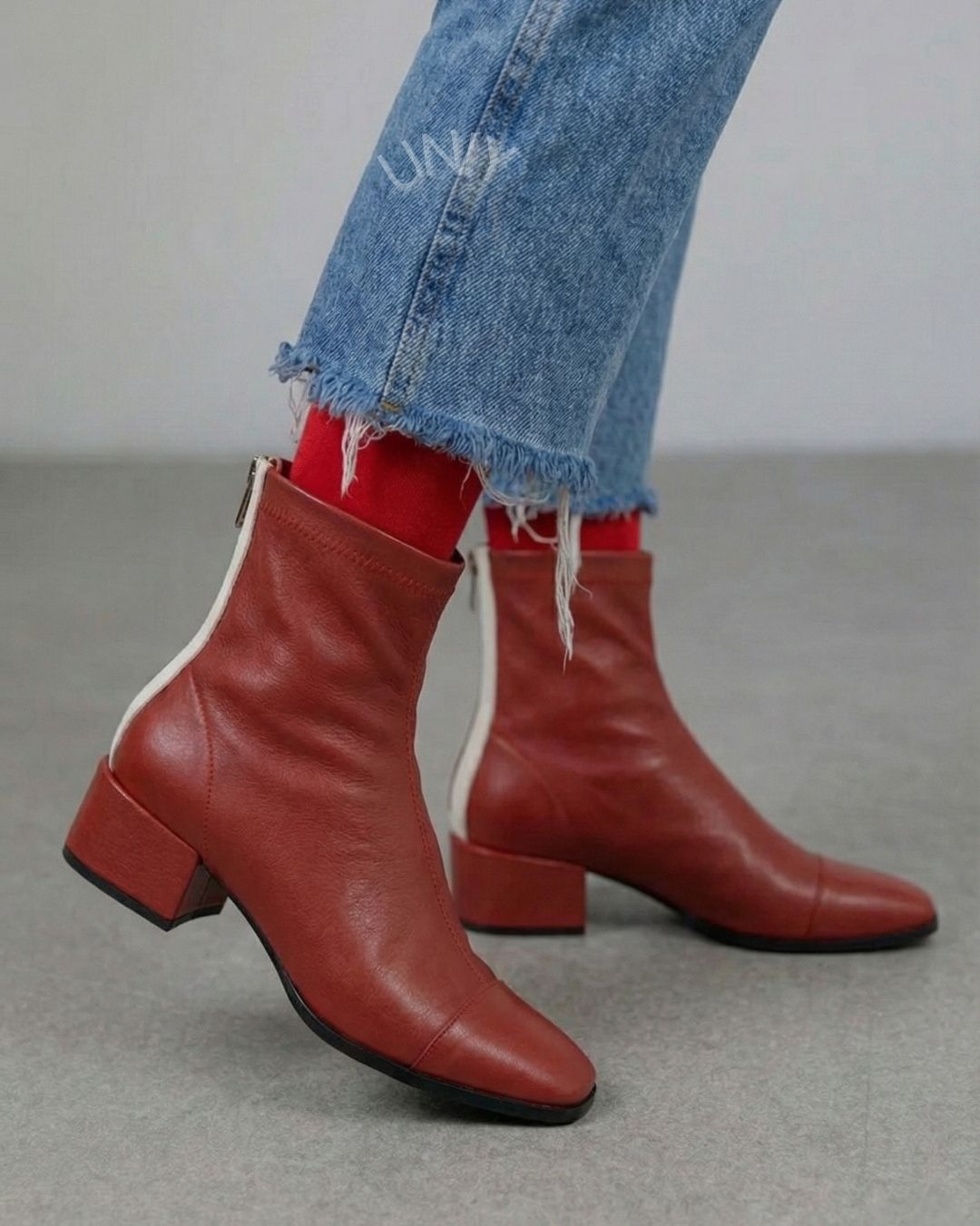 Red Leather Square Toe Block Heel Ankle Boots  [Pre Order]