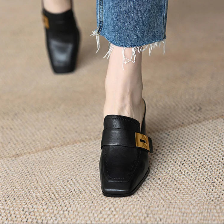 Patchwork Metal Buckle Decor Square Toe Slip On Mules Heels