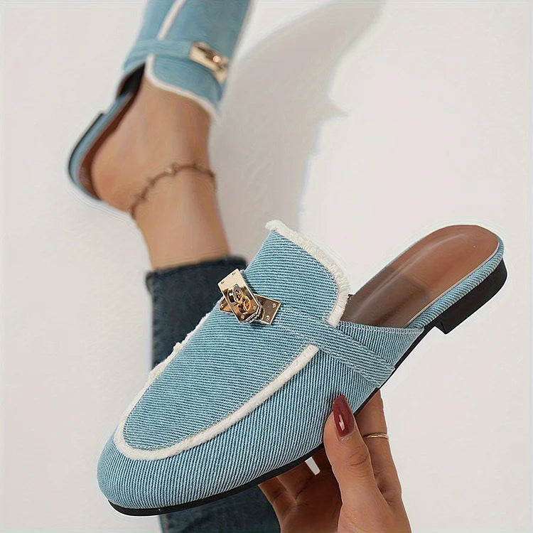 Alloy Buckle Decor Fur Trim Round Toe Denim Mules