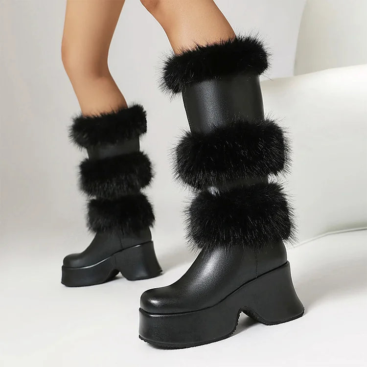 Solid Color Fluffy Trim Round Toe Chunky Heel Platform Mid Calf Boots