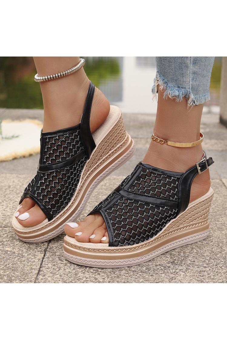 Zeppe casual in rete con cinturino alla caviglia con fibbia e punta aperta patchwork