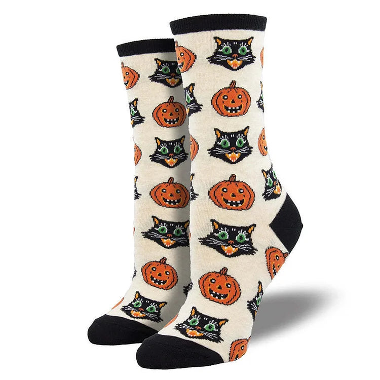 Calcetines de media pantorrilla con estampado de esqueleto, búho, calabaza, hoja de arce y bruja para Halloween 