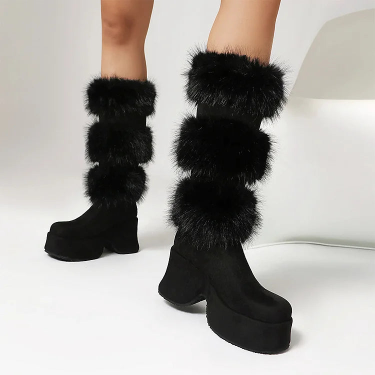 Colorblock Fluffy Trim Round Toe Chunky Heel Platform Mid Calf Boots