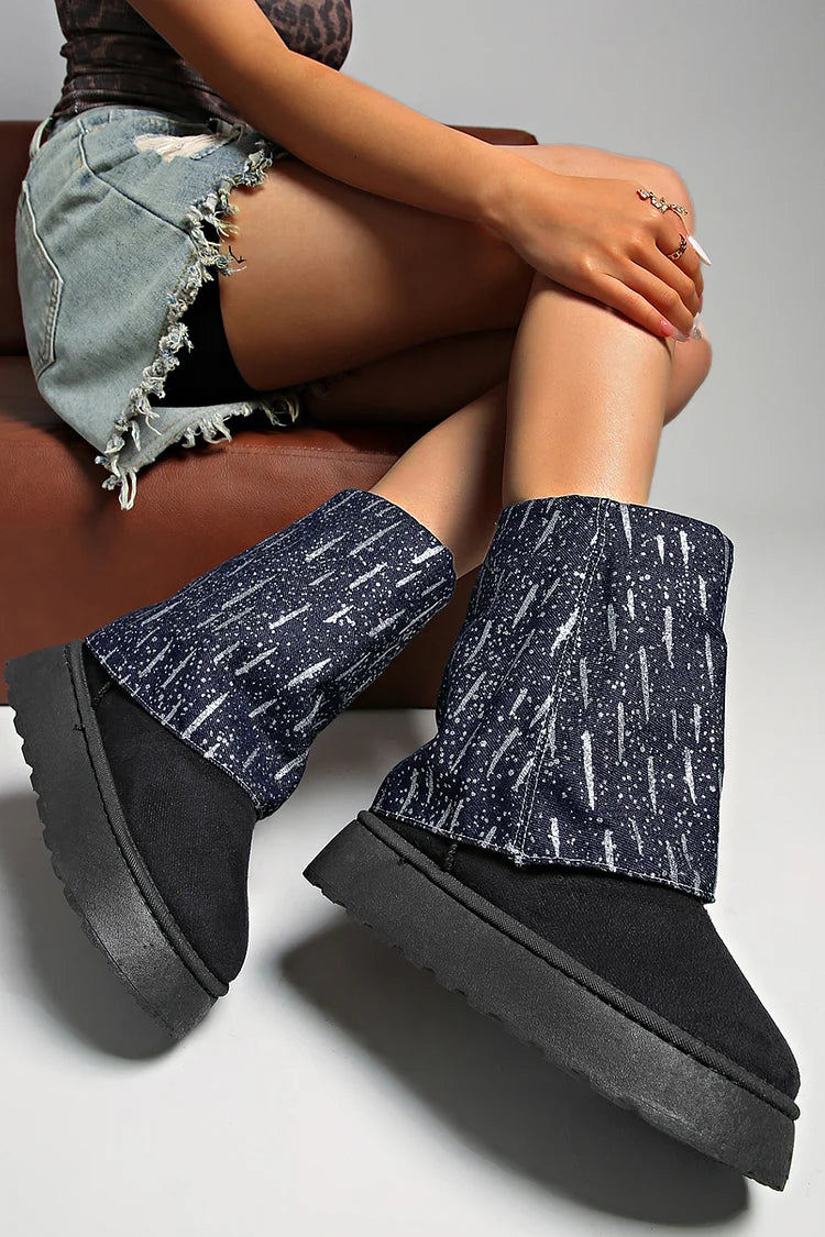 Denim Patchwork Fold Over Round Toe Low Platform Snow Boots