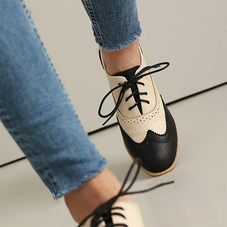 Round Toe Colorblock Patchwork Low Block Heel Lace Up Oxfords