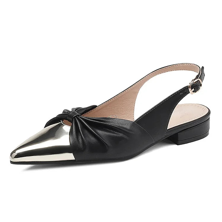 Bow Metallic Sheen Stitching Slingback Pointy Toe Flats