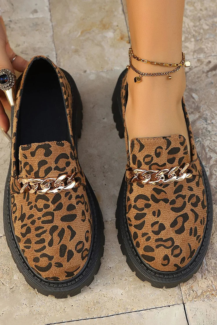 Leopard Print Metal Chain Decor Round Toe Low Block Heel Loafers