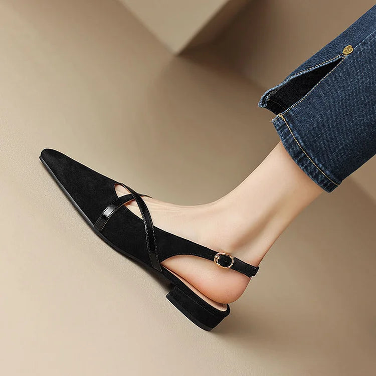 Faux Suede Pointy Toe Cross Strap Slingback Casual Flats