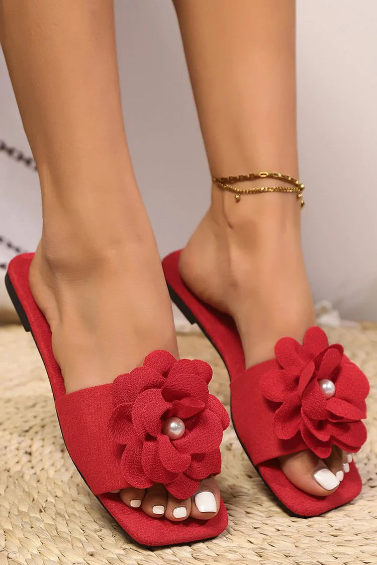 Pearl 3D Blumen Dekor Einfarbige Quadratische Zehen Strandpantoffeln