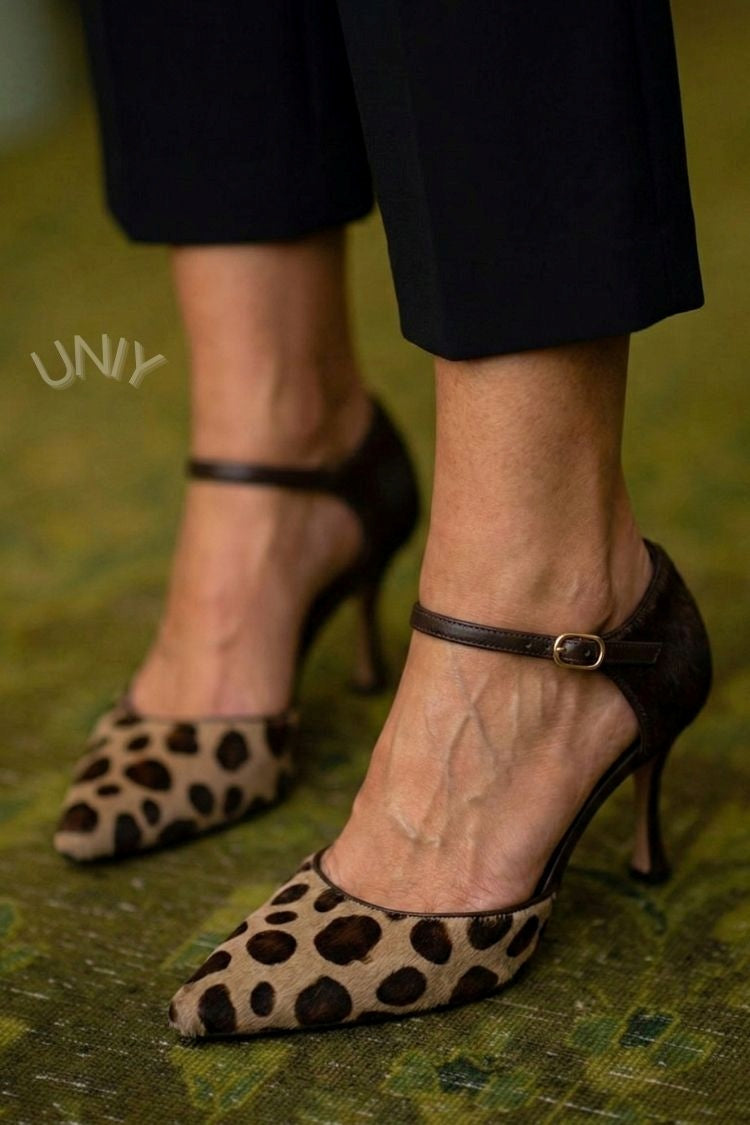 Leopard Print Pointed Toe Leather Strap Retro High Heels [Pre Order]