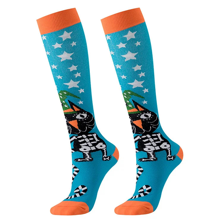 Calcetines por encima de la pantorrilla con estampado de calavera, calabaza y fantasma de Happy Halloween 