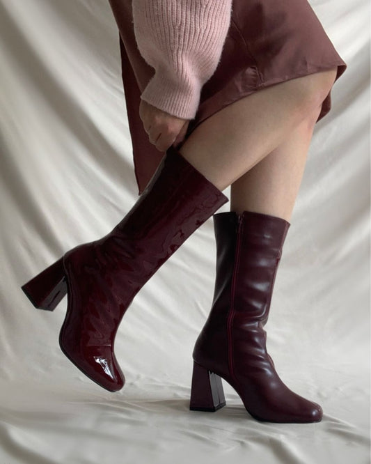 Burgundy PU Chunky Block Heel Boots [Pre Order]