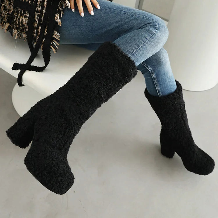 Solid Color Faux Fur Round Toe Chunky Heel Platform Mid Calf Boots