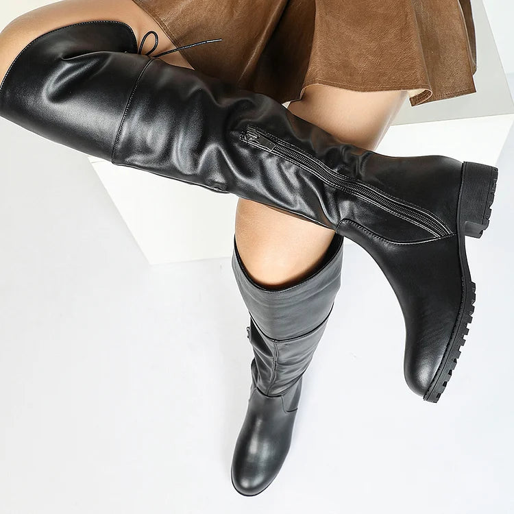 Patchwork Lace Up Solid Color Zipper Round Toe Knee High Boots