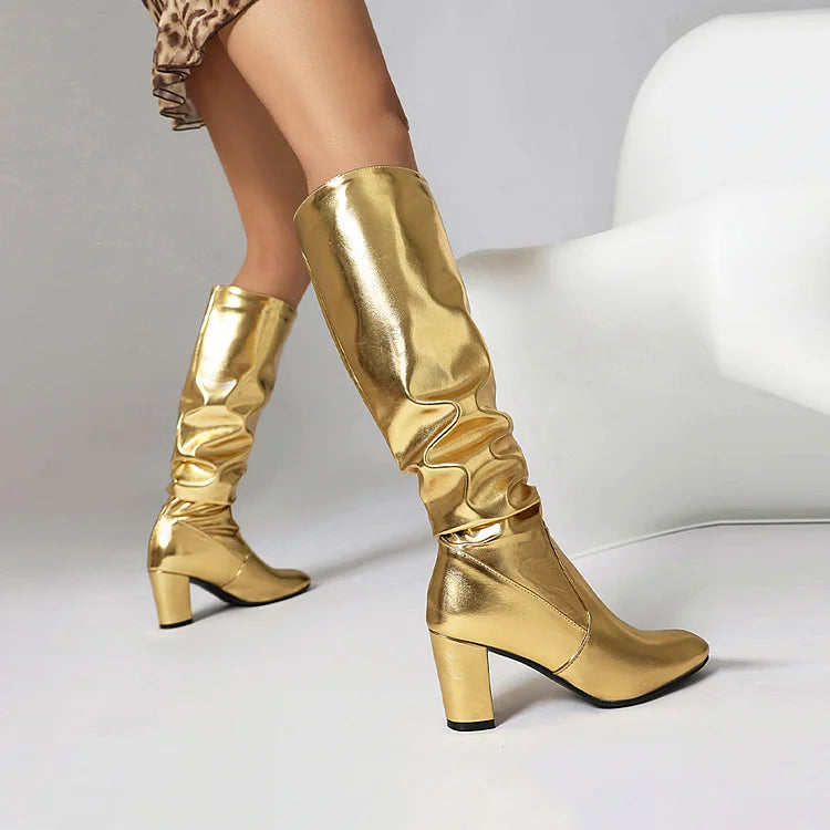 Metallic Sheen Slouch Pointed Toe Chunky Heel Knee High Boots