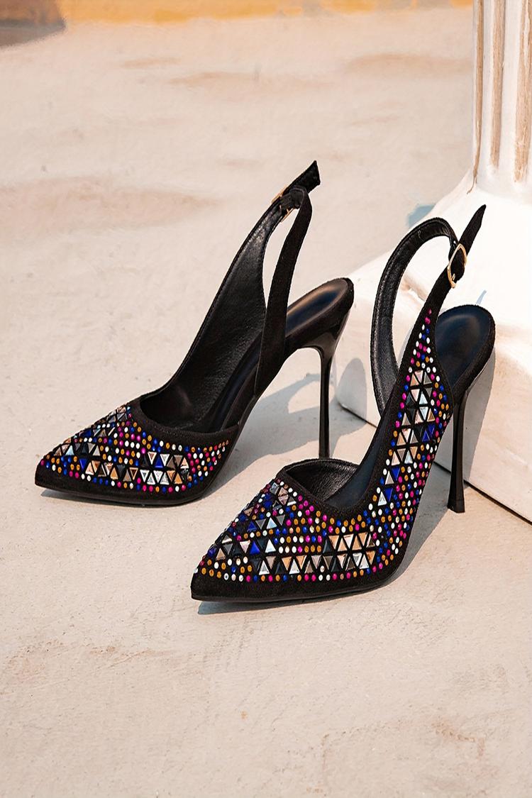 Multicolor Geometric Diamond Decor Pointed Toe Slingback Stiletto Heels