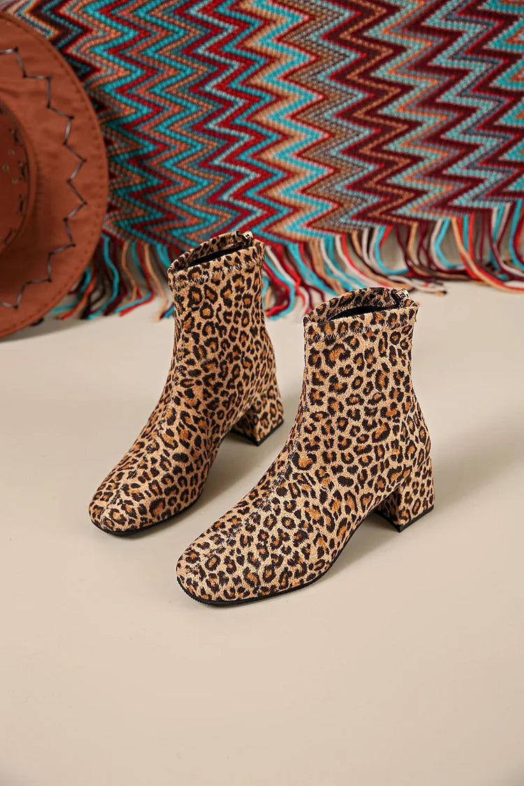 Leopardenmuster Reißverschluss Rundzehen Chunky Heel Mittelhohe Stiefel