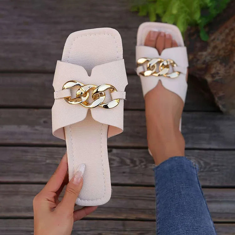 Metal Chain Decor Snake Print Cutout Square Toe Slippers