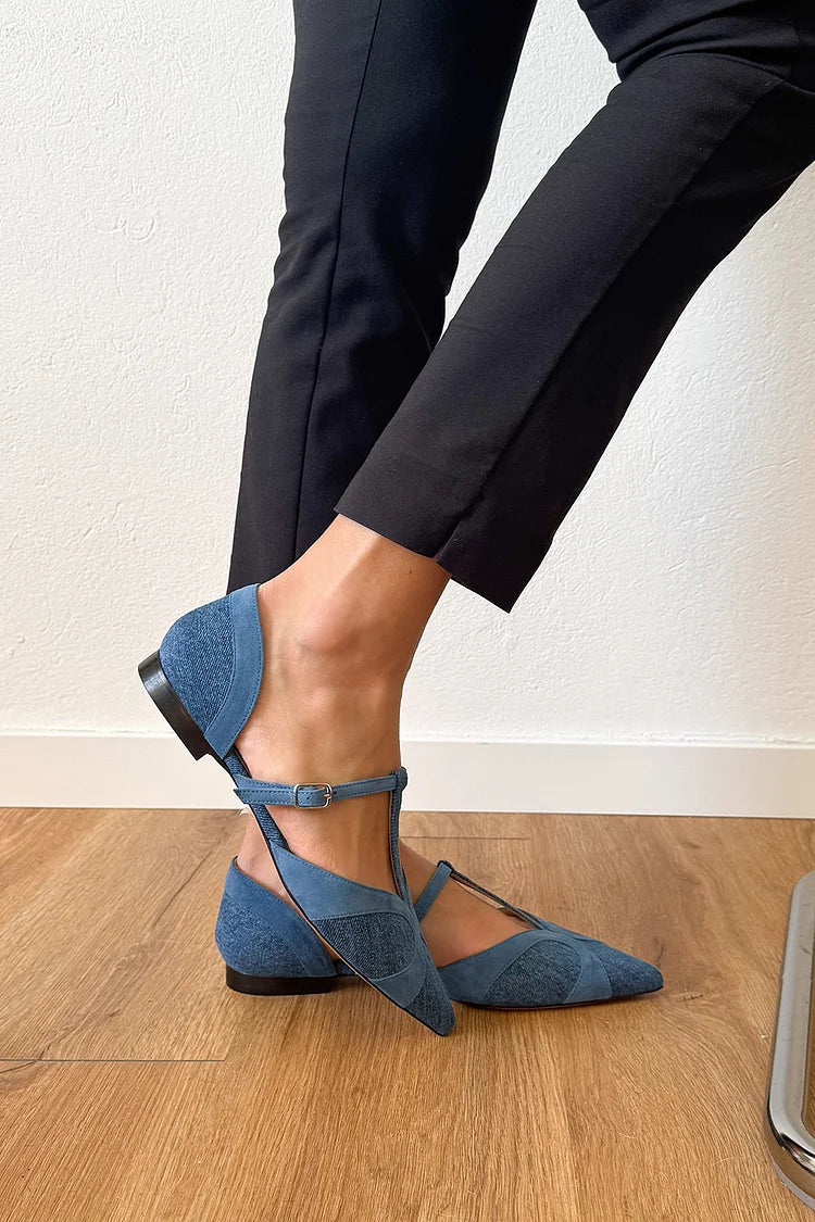 Patchwork T-Strap Buckle Pointed Toe Blue Flats [Pre Order]