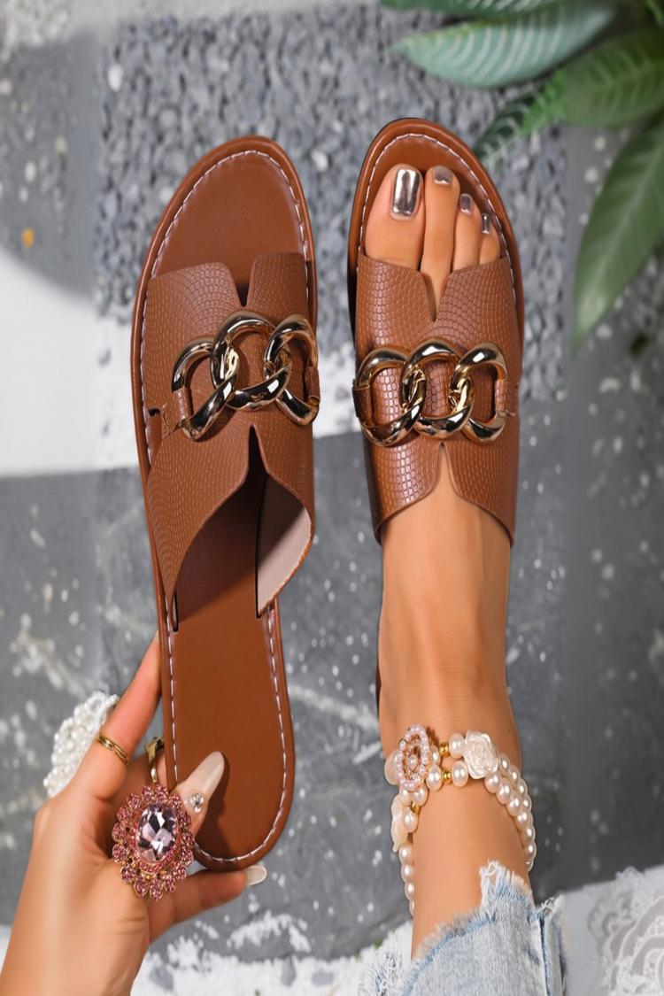 Pantofole casual con punta rotonda e stampa serpente con decorazione a catena in metallo
