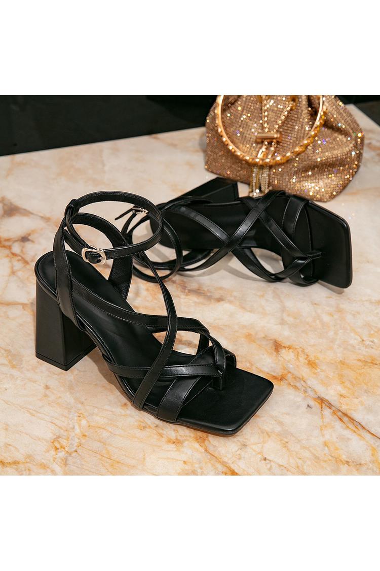 Scarpe con tacco grosso, punta quadrata, cinturino incrociato, fibbia alla caviglia, tinta unita 