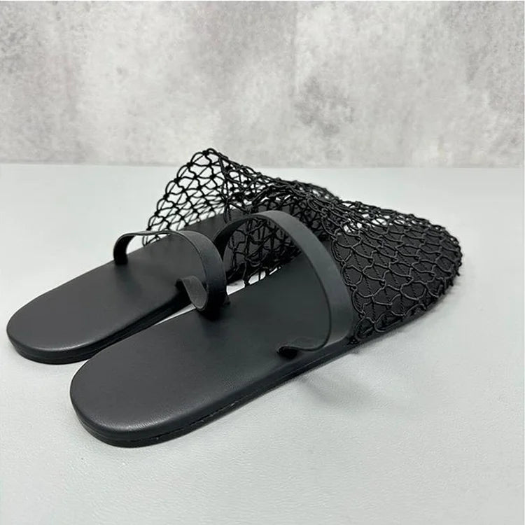 Hollow Out Fishnet Round Toe Casual Flat Sandals