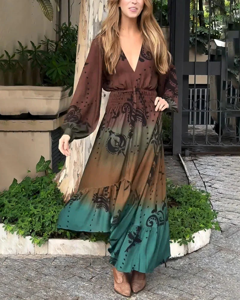 Bohemian Resort V-Ausschnitt bedrucktes Kleid