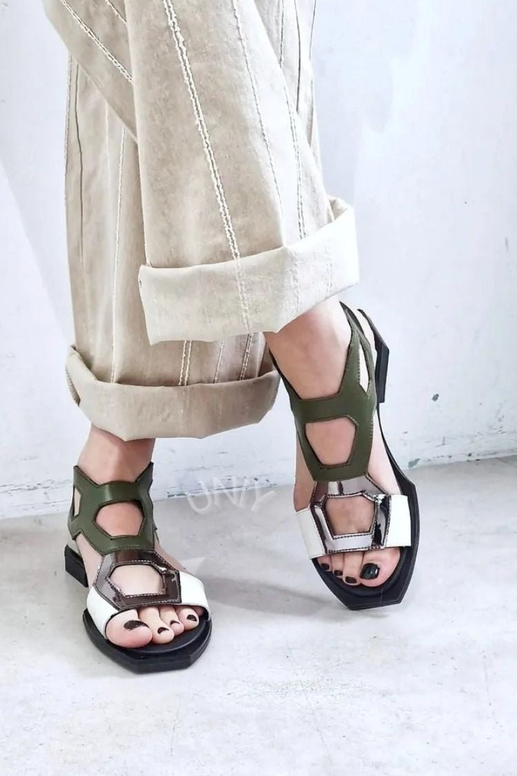 Chic Multi Color Block Geometric Cutout Square Toe Sandals [Pre Order]