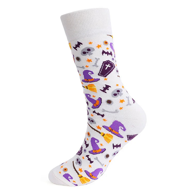 Calcetines de media pantorrilla con estampado de dibujos animados de araña, calavera y calabaza de fantasmas para Halloween 