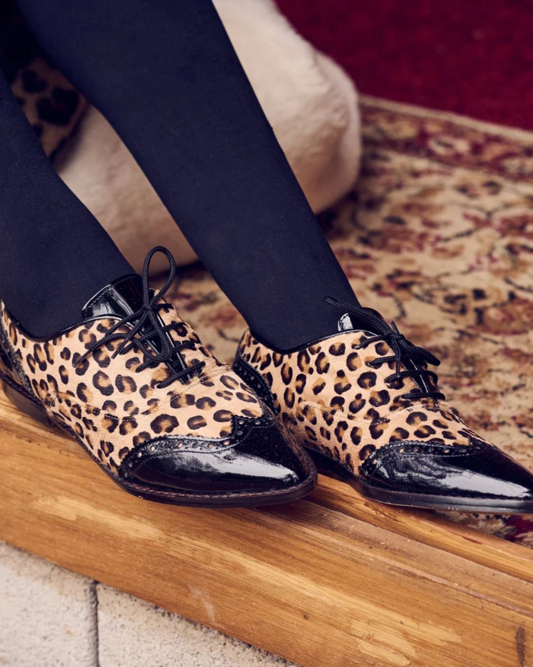 Vintage Leopard Print Patchwork Lace-Up Pointed Toe Flats [Pre Order]