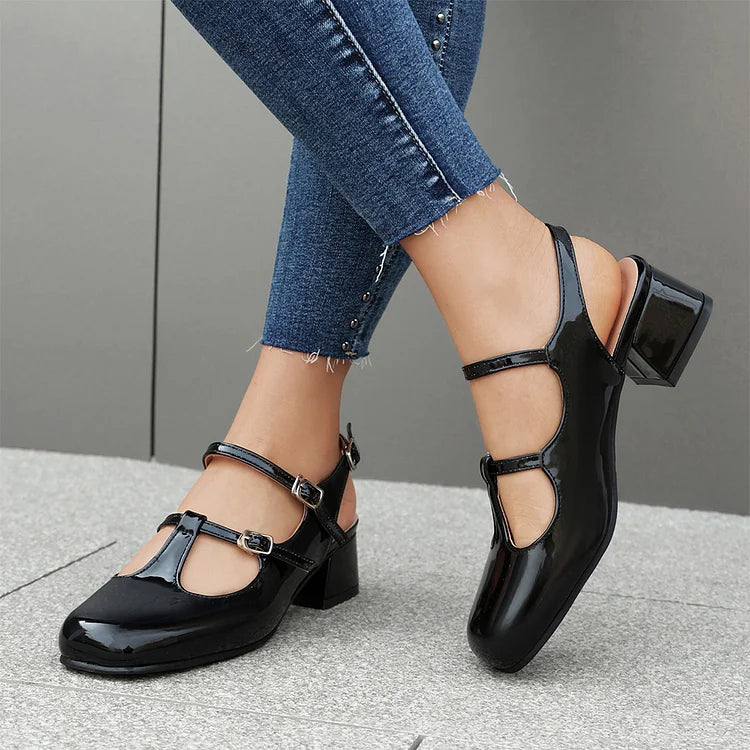 Cinghie sul collo del piede, fibbie, tinta unita, punta quadrata, cinturino posteriore, tacco grosso