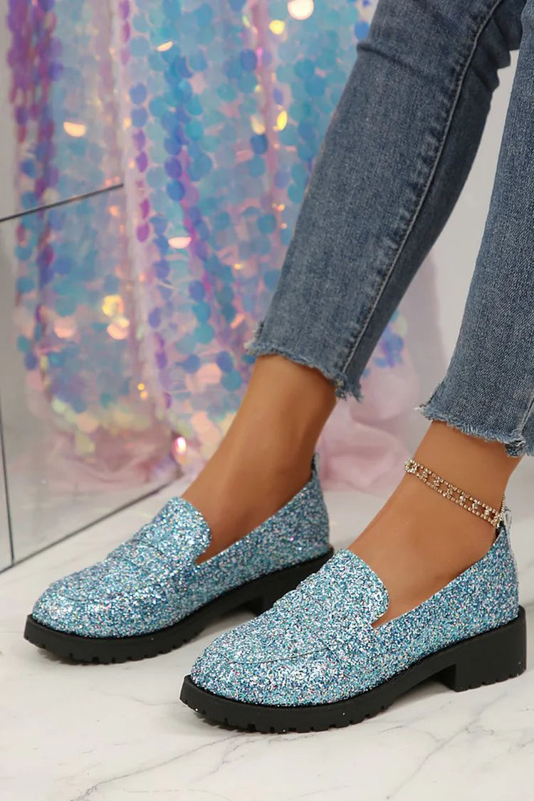 Brokatowe mokasyny typu slip-on z okrągłym noskiem, niskim blokowym obcasem i wzorem patchworkowym