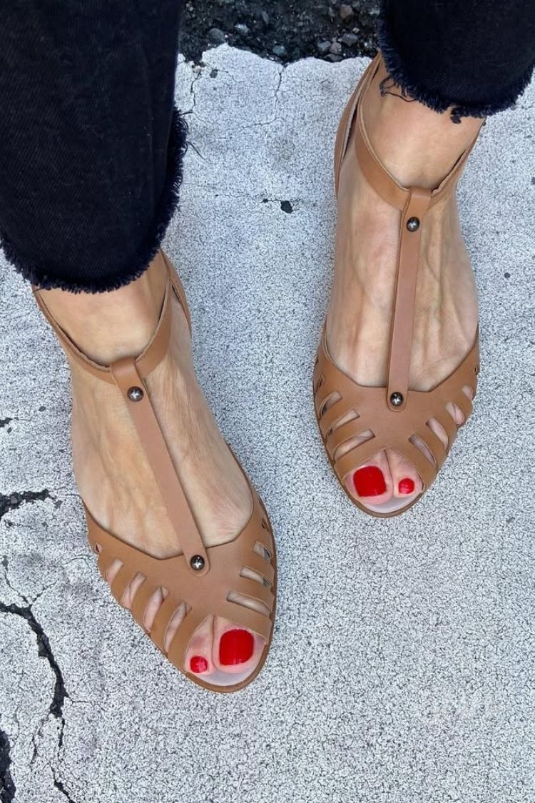 Classic Brown Cutout T-Strap Open Toe Flat Sandals [Pre Order]