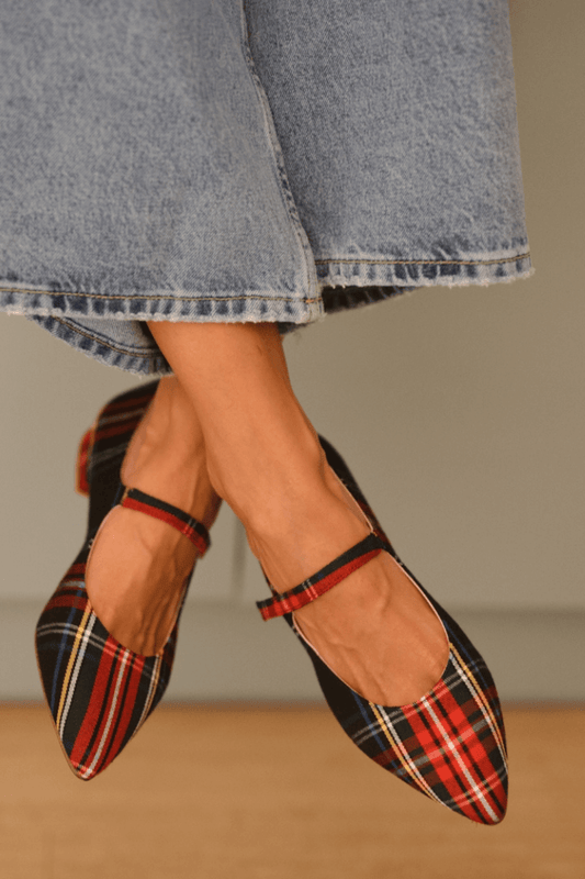 Plaid Print Faux Suede Ankle Strap Pointy Flats [Pre Order]