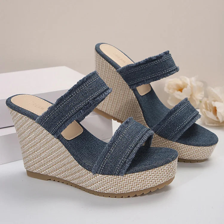 Tassels Trim Peep Toe Denim Platform Wedge Slippers