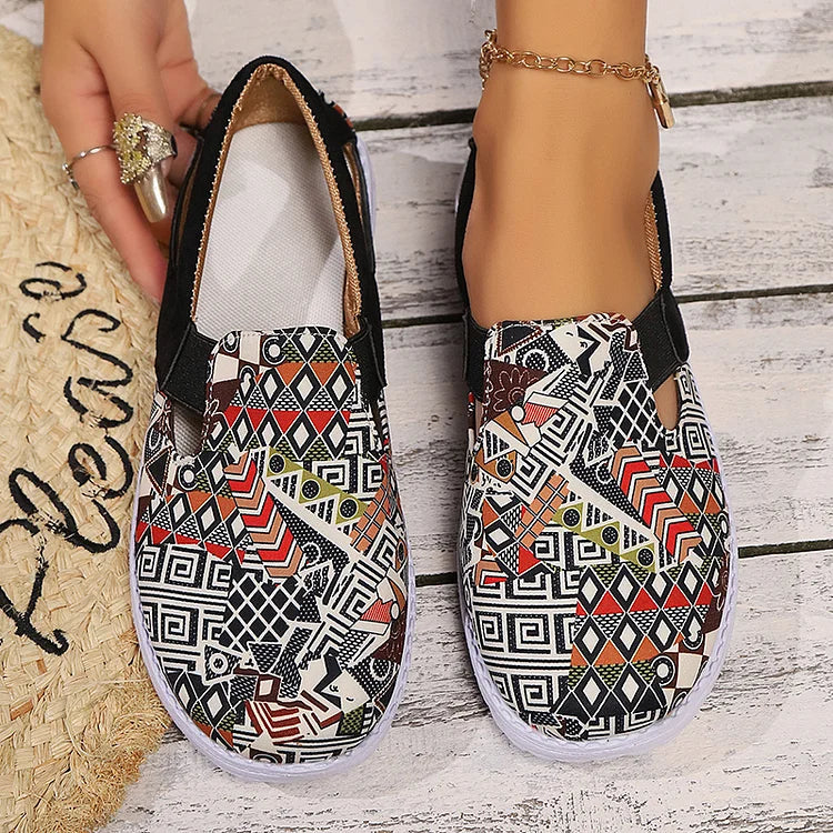 Ethnic Geo Pattern Print Cut Out Square Toe Slip On Loafers