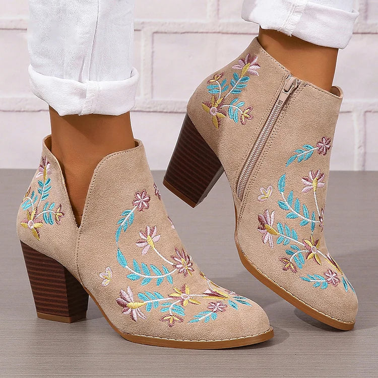 Floral Leaf Embroidery Round Toe Zipper Chunky Heel Ankle Boots