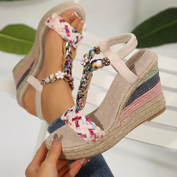 Woven T-Strap Metal Flower Bead Decor Open Toe Wedge Sandals