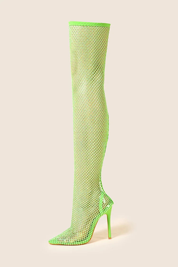 Hollow Out Mesh Pointed Toe Stiletto Heel Pull On Over The Knee Boots