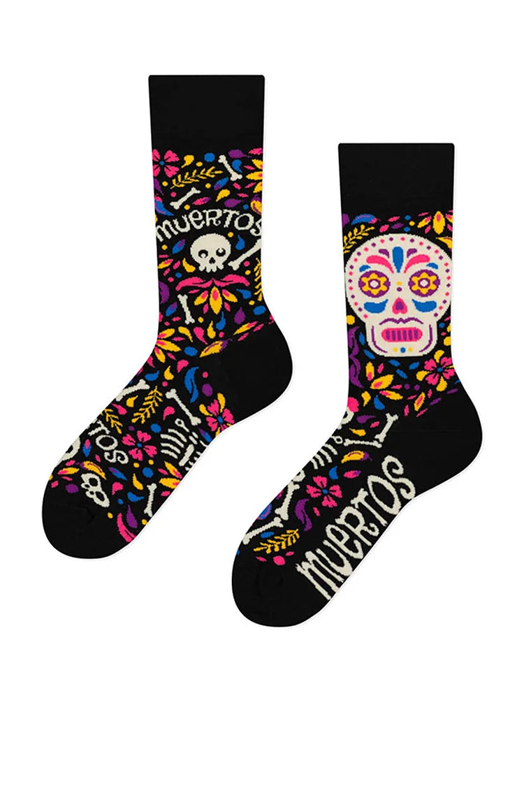 Calcetines de media pantorrilla con diseño de calavera, esqueleto, cactus y guitarra para Halloween 