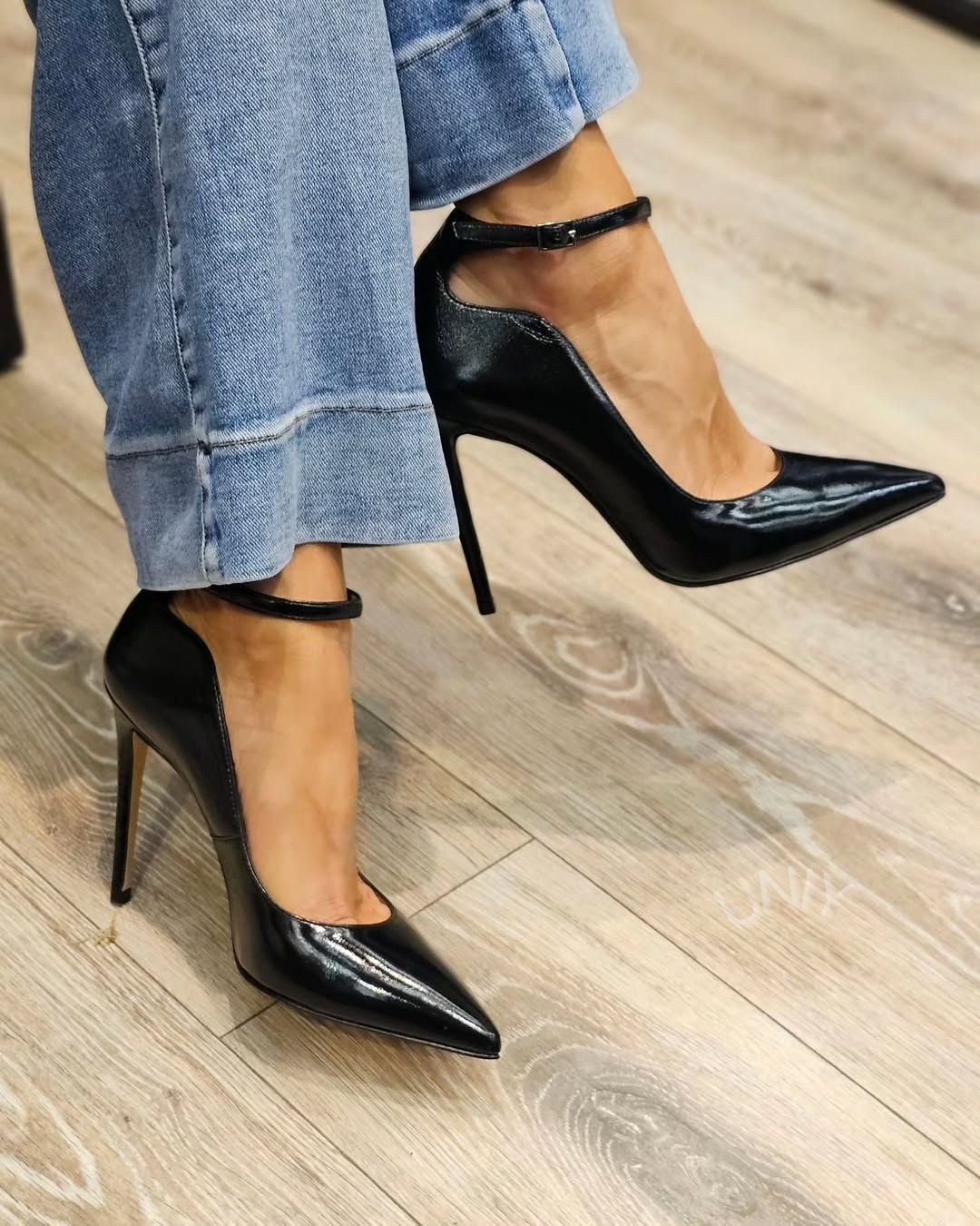 Black Patent Pointed Toe Ankle Strap Stiletto Heels [Pre Order]