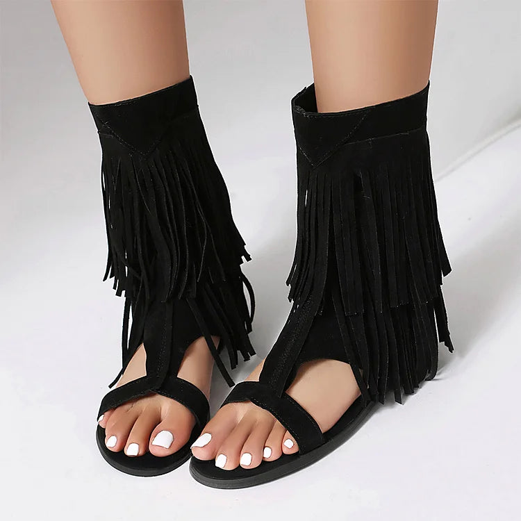 Sandały botki na wysokim obcasie z zamkiem błyskawicznym, odkrytymi palcami, ozdobione frędzlami w jednolitym kolorze