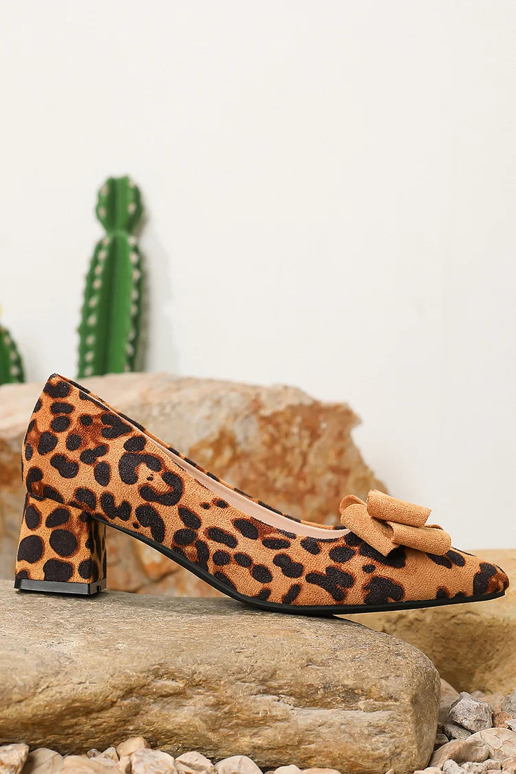 Leopard Print Bow Decor Pointed Toe Slip On Chunky Heels