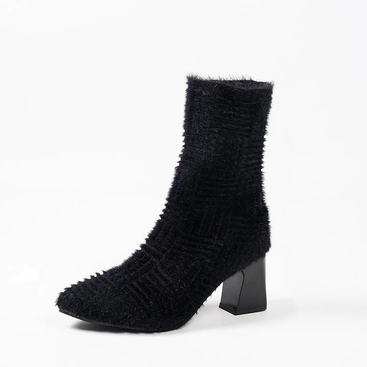 Fluffy Trim Pointed Toe Chunky Heel Pull On Mid Boots