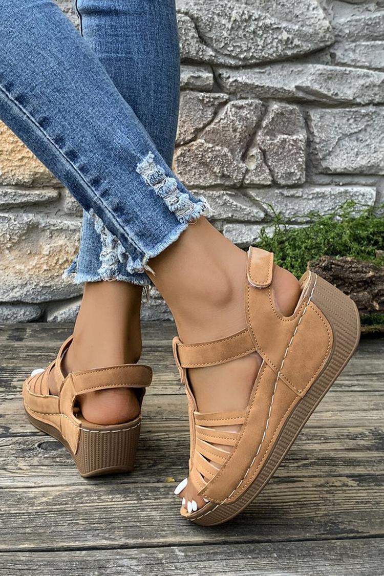 Sandali casual con zeppa, punta tonda e cinturino a T in tinta unita