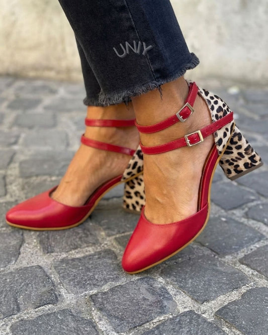 Rode luipaardprint pumps met dubbele gesp en blokhak [Vooraf bestellen]
