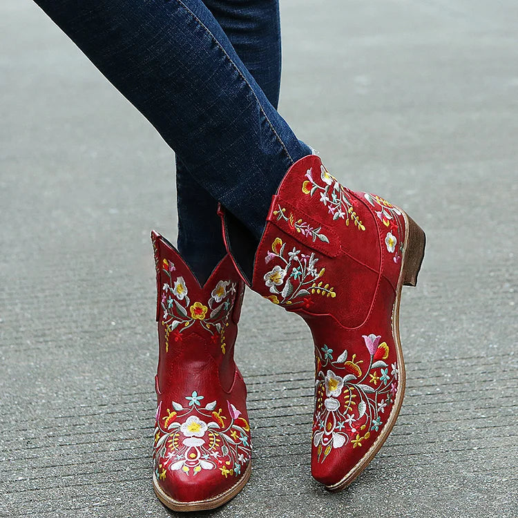 Floral Embroidery Pointed Toe Patchwork Chunky Heel Cowgirl Boots