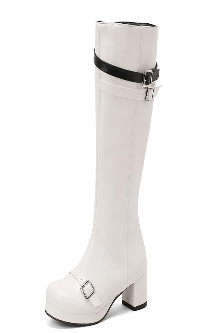 Stivali alti al ginocchio con punta quadrata, fibbia colorblock, cerniera e cinturino